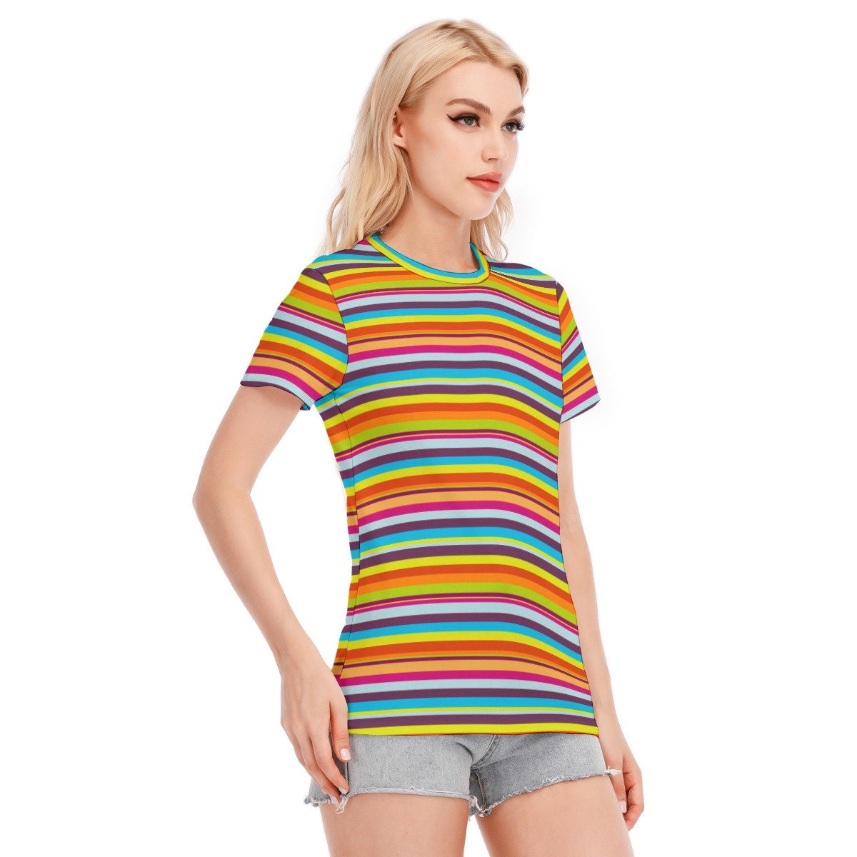 Retro T-Shirt, Stripe T-shirt, 80s retro tshirt, Vintage style Tshirt,Womens Retro T-shirt, Multicolor Stripe T-shirt, 70s 80s style T-shirt