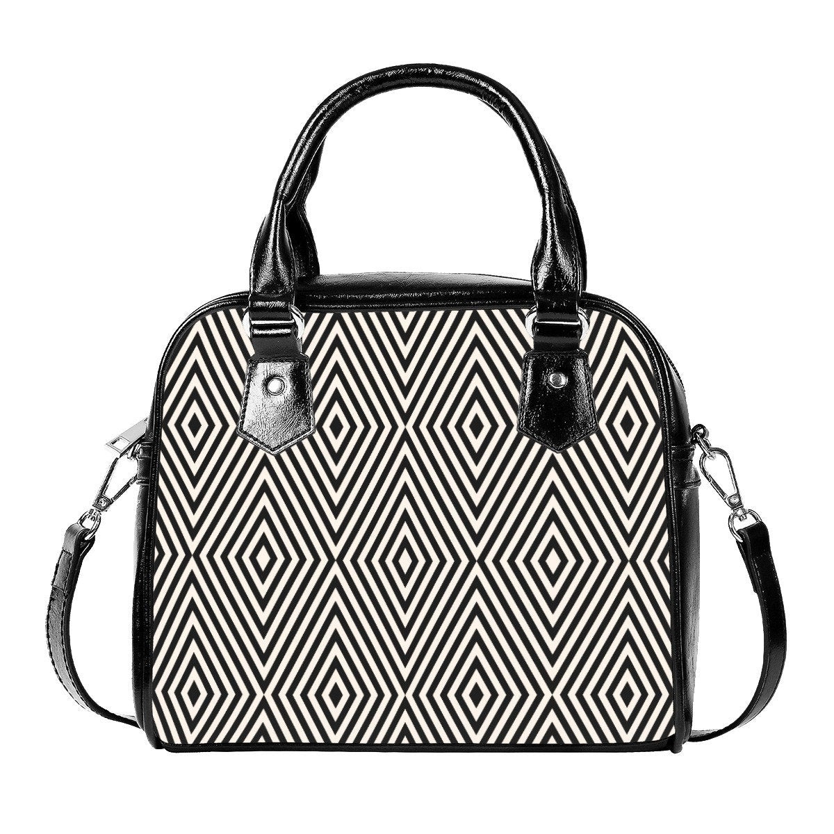 Retro handbag, Black Herringbone Print Handbag, Mod Bag, Black Geometric Bag, Herringbone bag, Geometric Handbag, 60s style bag