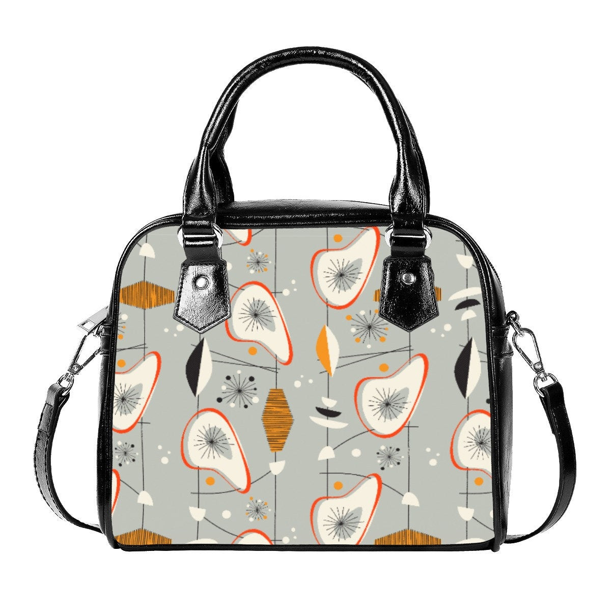 Retro Handbag, MidCentury Style, 50s Gray Atomic Print HandBag, Retro purse, Womens Handbags, Vintage style purse, 50s style handbag