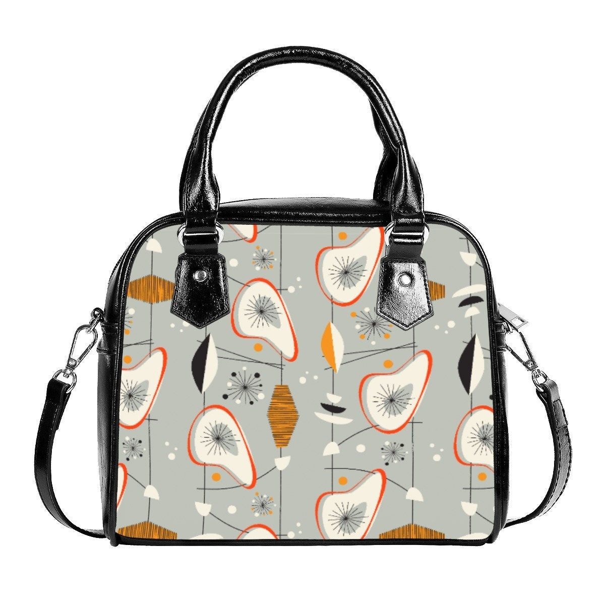 Retro Handbag, MidCentury Style, 50s Gray Atomic Print HandBag, Retro purse, Womens Handbags, Vintage style purse, 50s style handbag