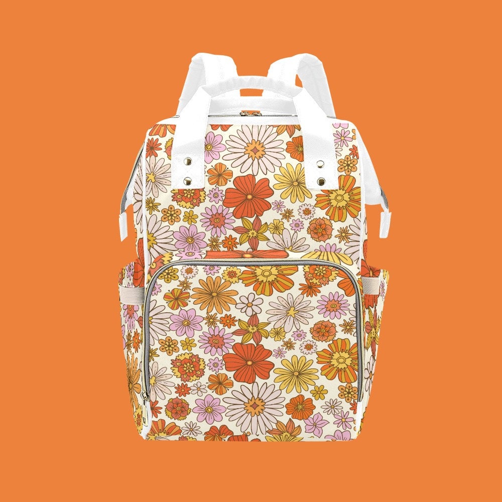 Retro Orange Pink backpack, Women's Backpack, Women's Bags, Floral backpack, Vintage style backpack, Hippie Style bag, Fashion Backpack