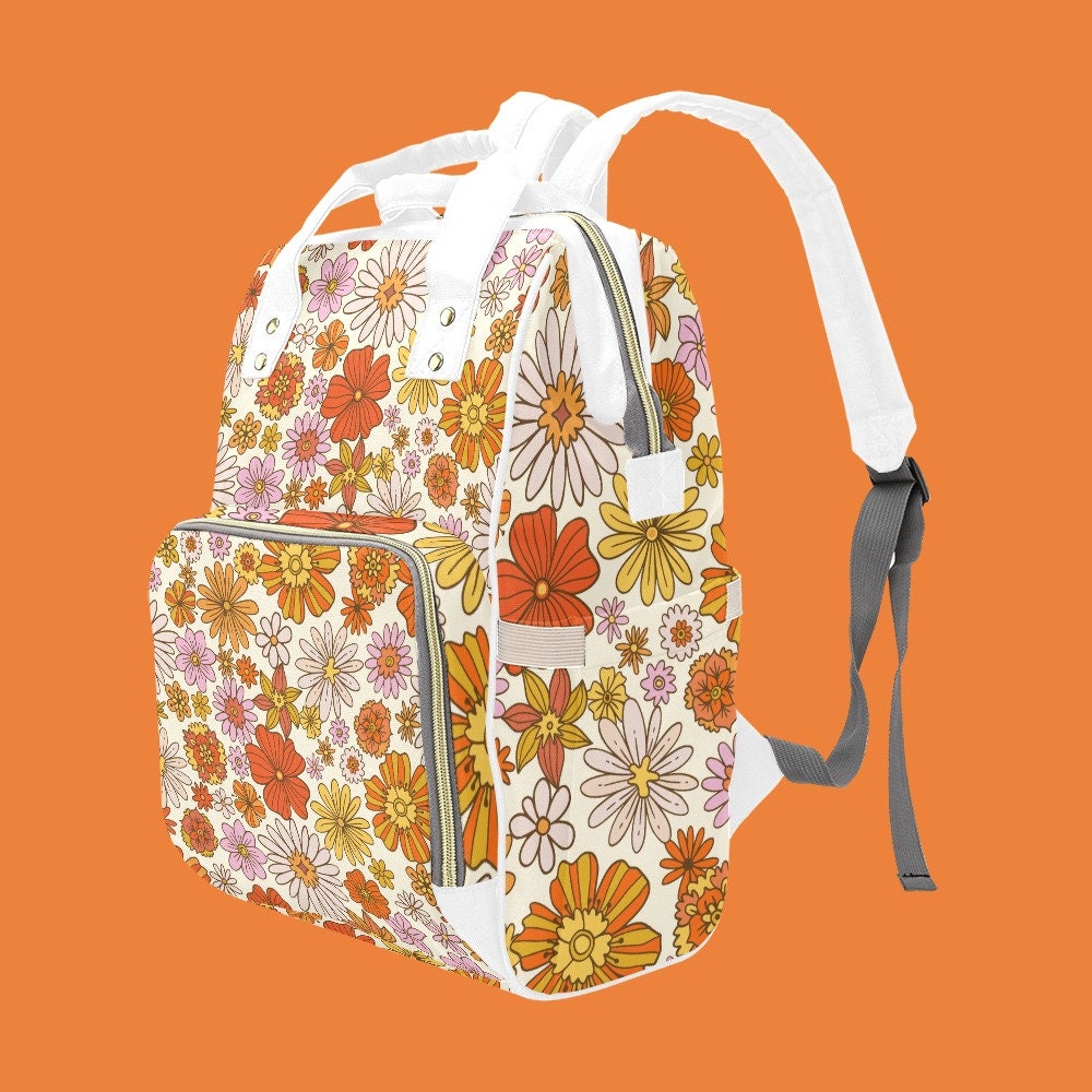 Retro Orange Pink backpack, Women's Backpack, Women's Bags, Floral backpack, Vintage style backpack, Hippie Style bag, Fashion Backpack