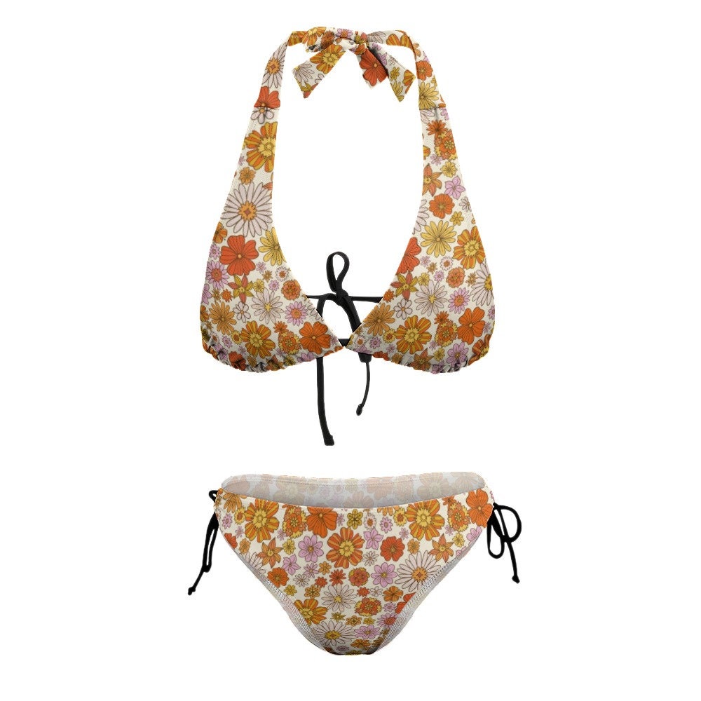 Halter Bikini Set, Two Piece bikini set, Orange Bikini, 70s style, 70s inspired swimsuit, 70s inspired bikini, Women's bikini, Floral Bikini