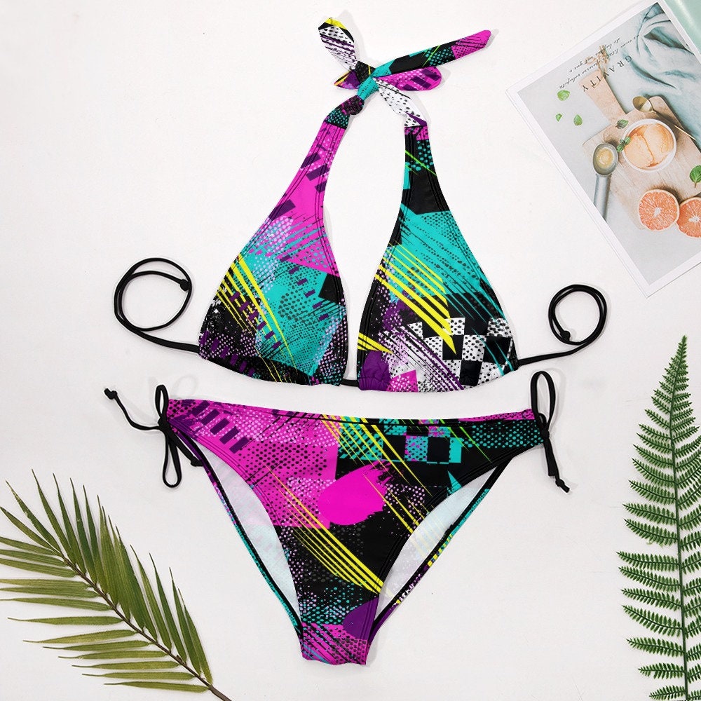 Halter Bikini, Retro 80s 90s Abstract Print Bikini, Two piece bikini set, Abstract Black Bikini, Retro Swimsuit, Women's Bikini