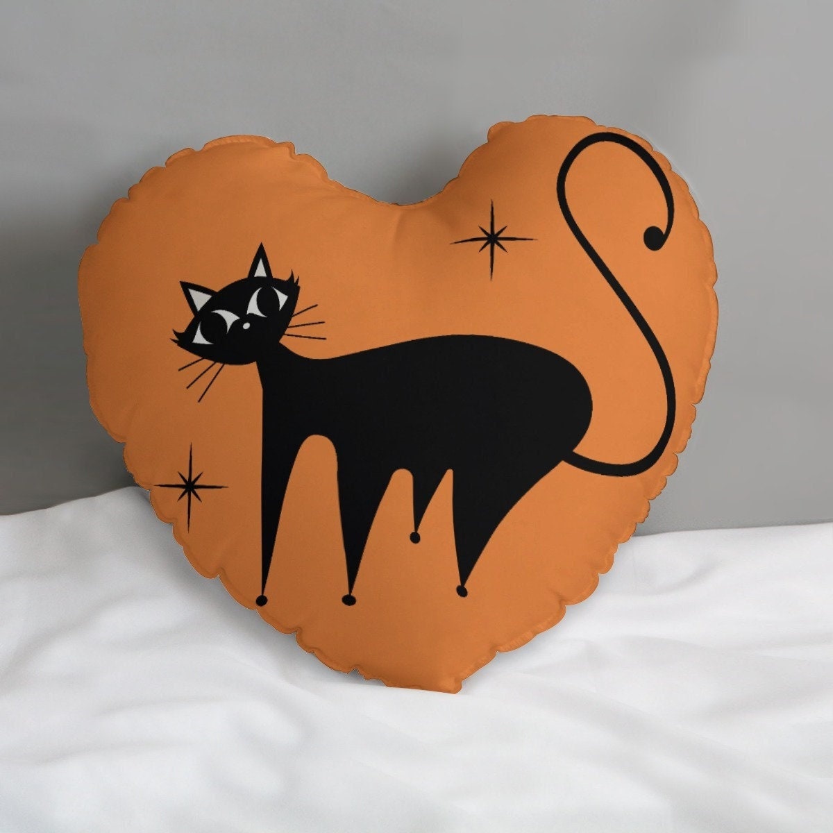 Heart Pillow, Retro Cat Pillow, Halloween Pillow, Orange Heart Pillow, 50s Cat Pillow, Heart Shaped Pillow, Decorative Pillow, Accent Pillow