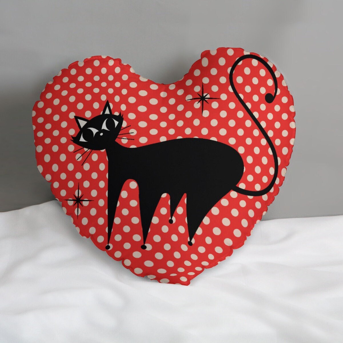 Heart Pillow, Retro Cat Pillow, Red Polka Dot Pillow, 50s Cat Pillow, Heart Shaped Pillow, Decorative Pillow, Red Polka Dot Accent Pillow