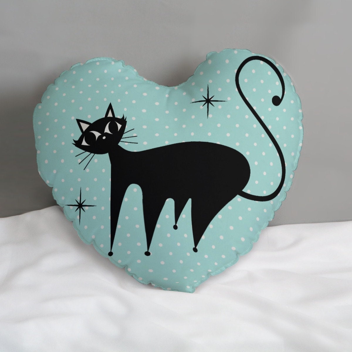 Heart Pillow, Retro Cat Pillow, Blue Polka Dot Pillow, 50s Cat Pillow, Heart Shaped Pillow, Decorative Pillow, Blue Polka Dot Accent Pillow