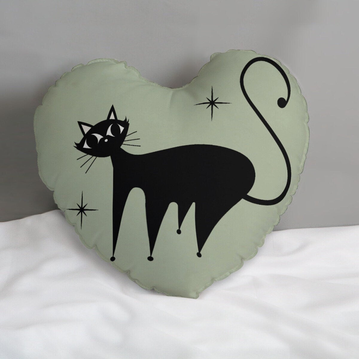 Heart Pillow, Retro Cat Pillow, Mint Green Cat Heart Pillow, 50s Cat Pillow, Heart Shaped Pillow, Decorative Pillow, Heart Accent Pillow