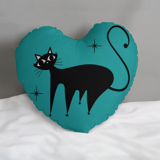 Heart Pillow, Retro Cat Pillow, Turquoise Cat Heart Pillow, 50s Cat Pillow, Heart Shaped Pillow, Decorative Pillow, Turquoise Accent Pillow