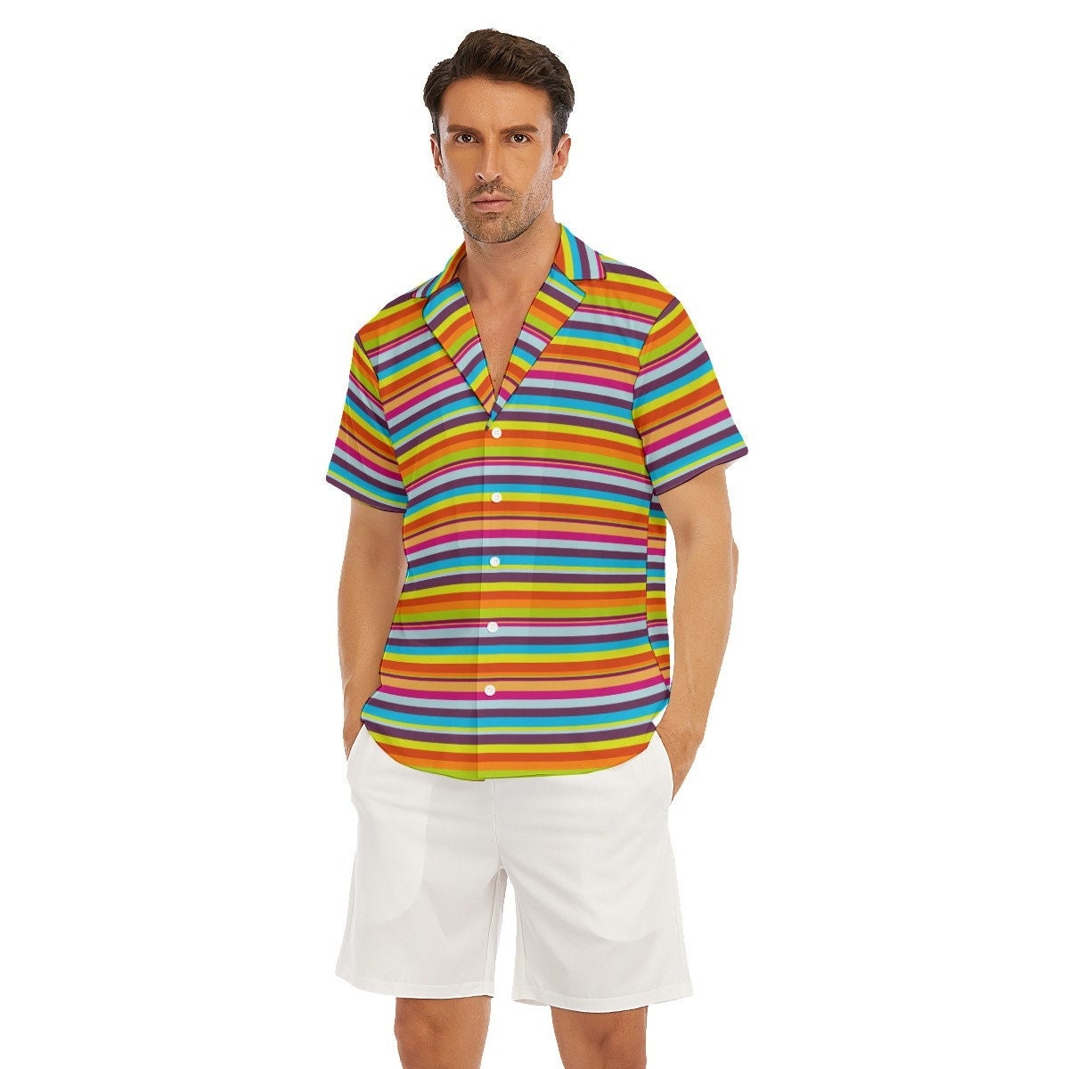 Stripe Shirt Men, Multicolor Shirt Men, 70s style Shirt, Hippie Shirt, Short Sleeve Shirt Men, Men's Tops, Rainbow Shirt, Men's Dress Shirt