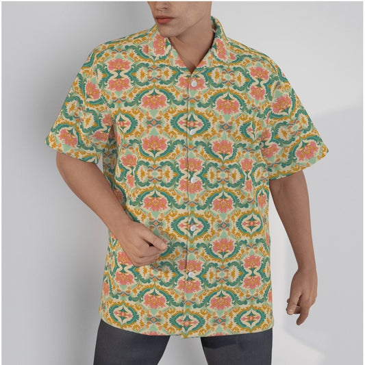Hawaiian Shirt Men, Damask Shirt, Retro Top, Retro Shirt Men,60s 70s Style Shirt,Pink Mint Green Shirt,Vintage Style Shirt, Hippie Shirt Men