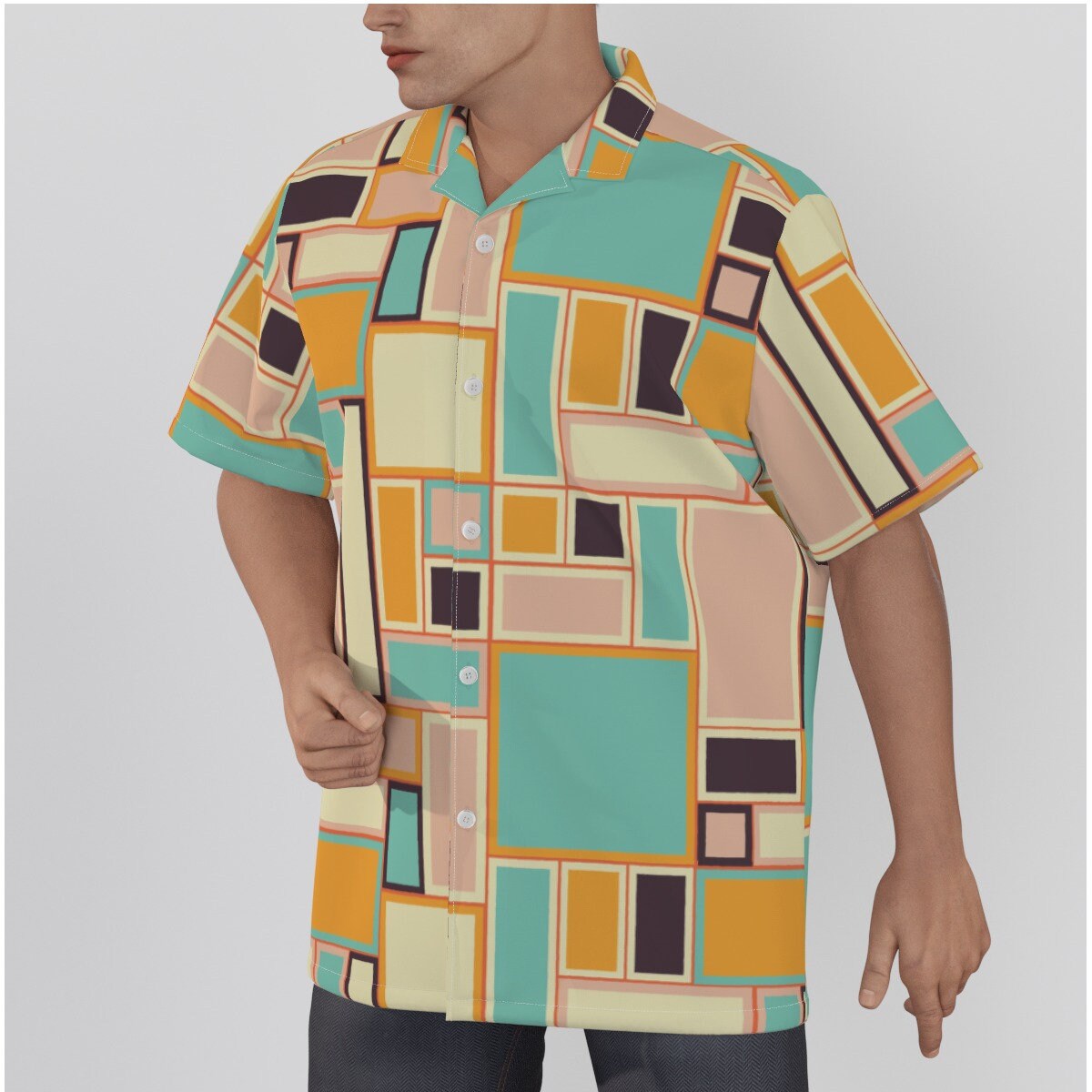 Hawaiian Shirt Men, Mod 60s Style Shirt, Pink Turqoise Geometric Shirt Men, 60s Inspired Shirt