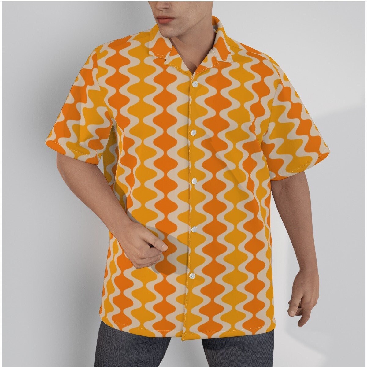 Retro Shirt Men, Retro Top, Mid Century Style Top, 60s 70s style shirt, Vintage Style Top, Yellow Orange Shirt, Hawaiian Shirt, Dress Shirt