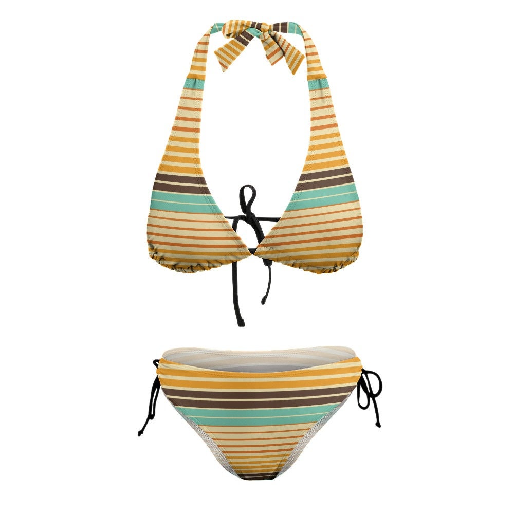 Retro Bikini, Halter Bikini, 70s style Bikini, Orange Stripe bikini, Orange Bikini, Vintage Style Bikini Set, Retro Swimsuit, Hippie style