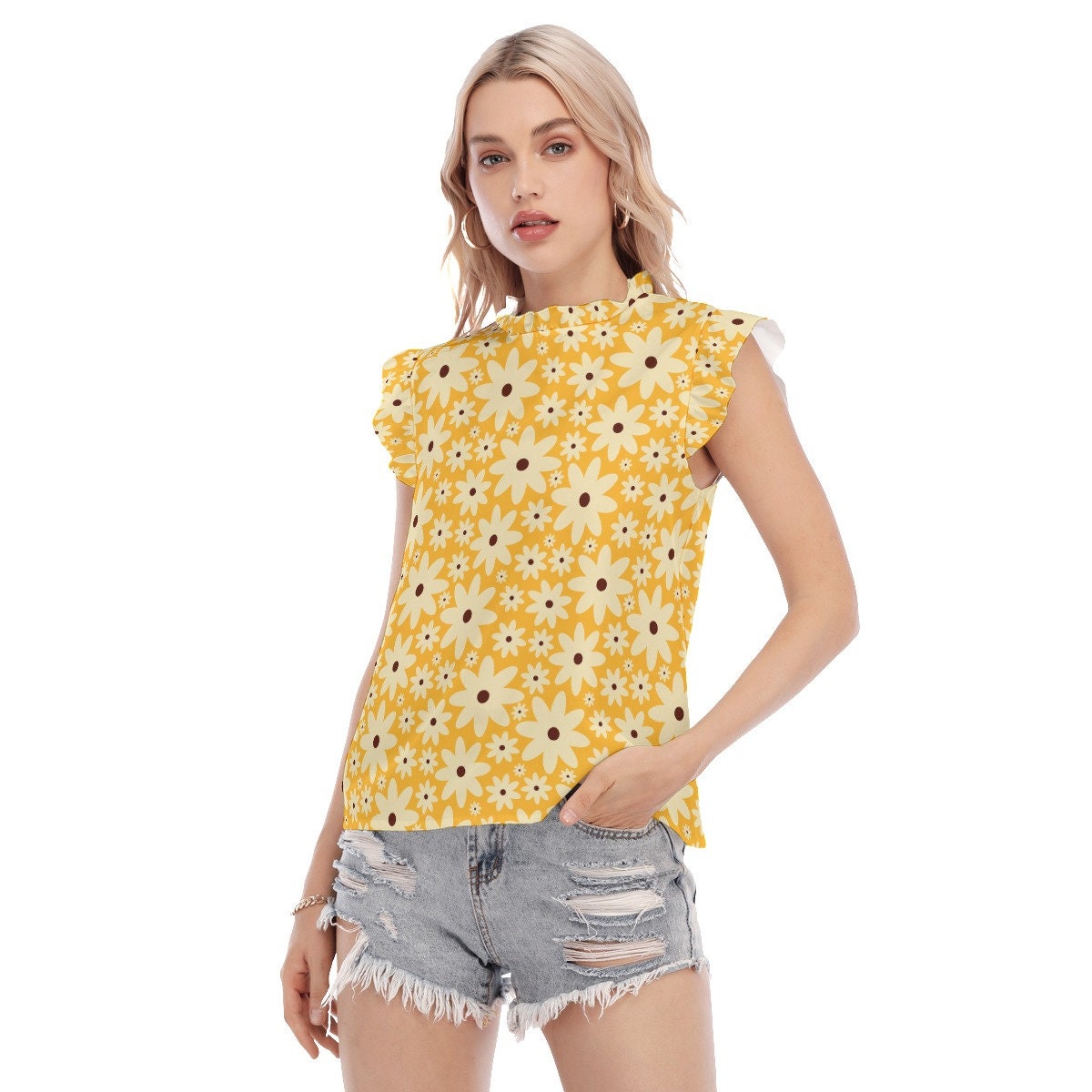 Retro Style Top, Yellow Top Women, Floral Ruffle Top, 60s 70s style top,70s inspired top, Floral Blouse, Floral Top, Vintage Style top