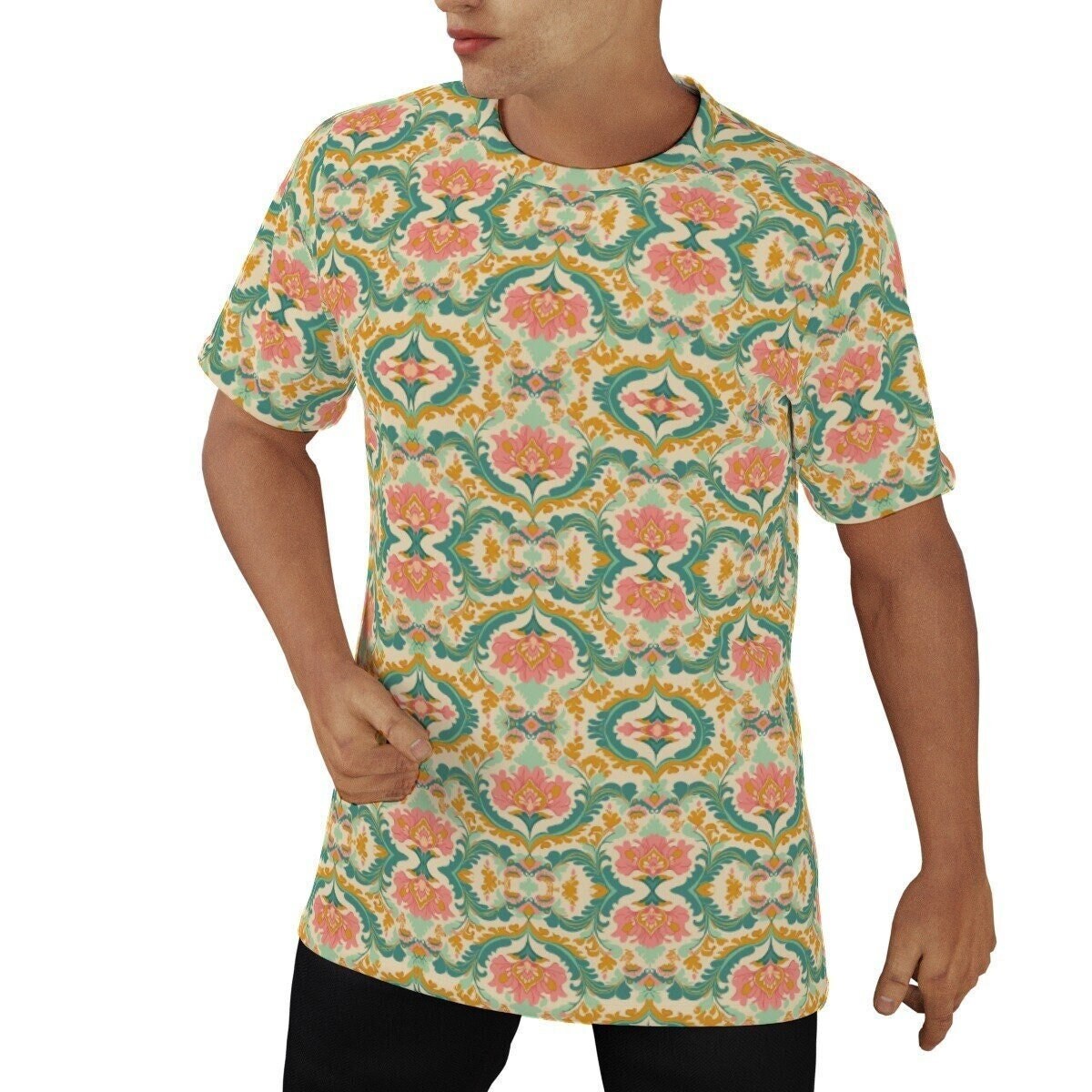 Eco friendly T-shirt, Paisley Tshirt, Retro Tshirt, 60s 70s style shirt, Green Tshirt Men, Retro Top,Retro T-shirt Men