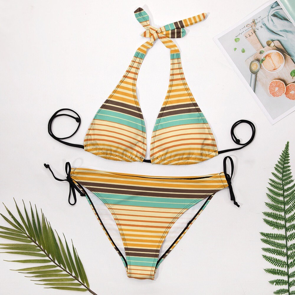 Retro Bikini, Halter Bikini, 70s style Bikini, Orange Stripe bikini, Orange Bikini, Vintage Style Bikini Set, Retro Swimsuit, Hippie style