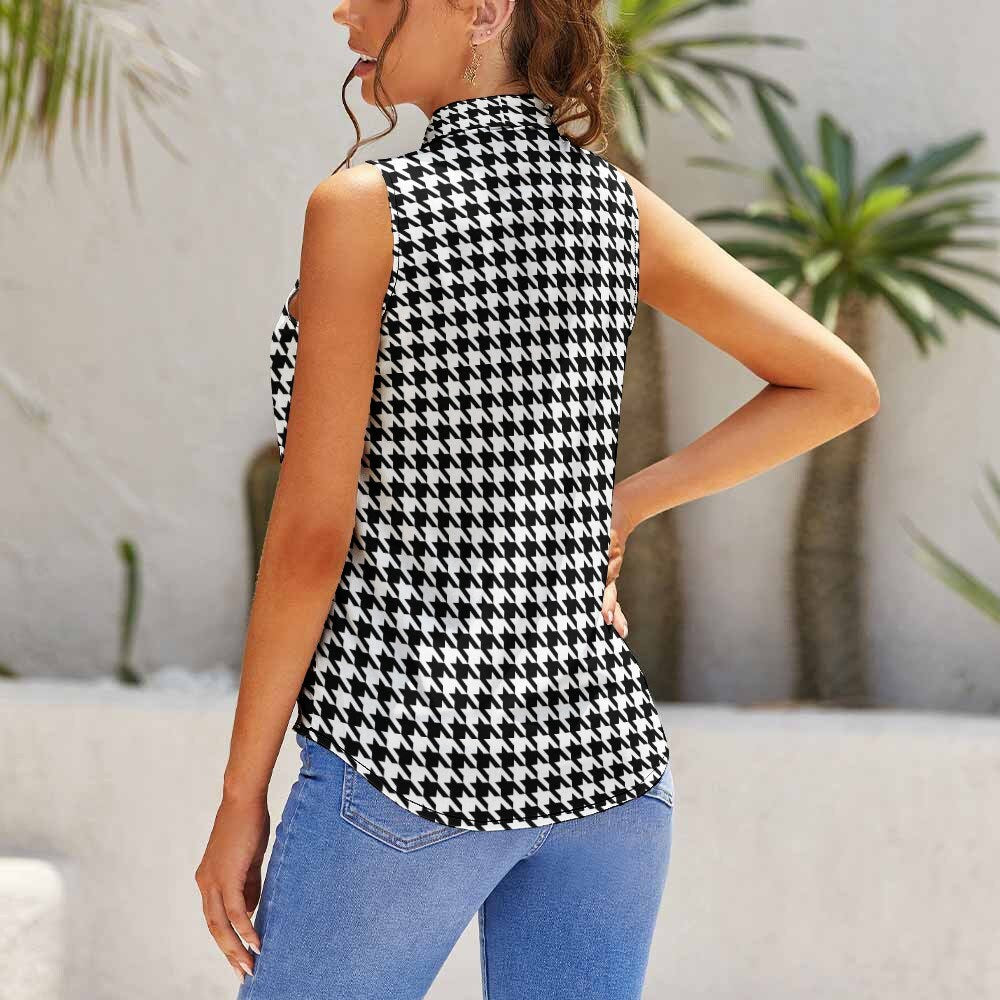 Black Houndstooth Top, Houndstooth Blouse, Retro Top, Retro Blouse, Black Sleeveless Top Women, Bow Tie Blouse, Vintage Style top