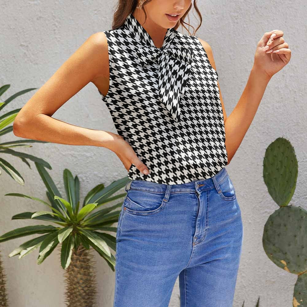 Black Houndstooth Top, Houndstooth Blouse, Retro Top, Retro Blouse, Black Sleeveless Top Women, Bow Tie Blouse, Vintage Style top