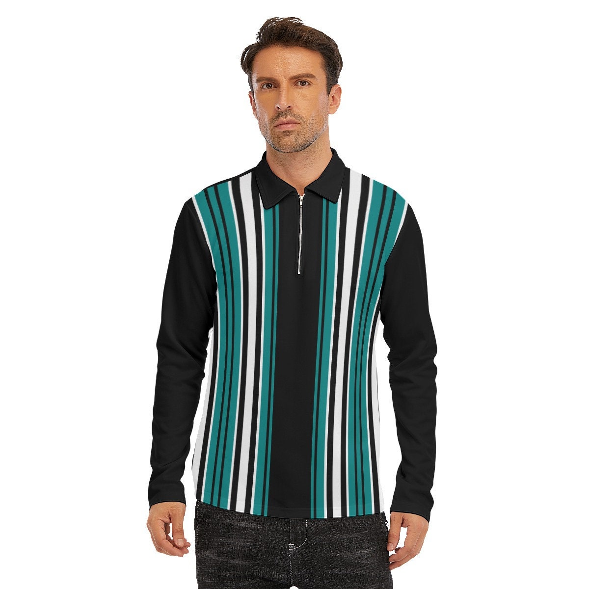 Retro Polo Shirt, Black Stripe Polo Shirt, Vintage Style Polo Shirt, Long Sleeve Polo Shirt, Polo Shirt Men,60s style polo,Zipper Polo Shirt