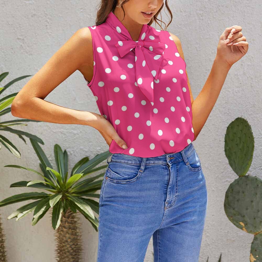 Fuchsia Pink Polka Dot Top, Pin Up Top, Sleeveless Top Women, Polka Dot Blouse, Rockabilly Style, Bow Tie Blouse,  Vintage Style top