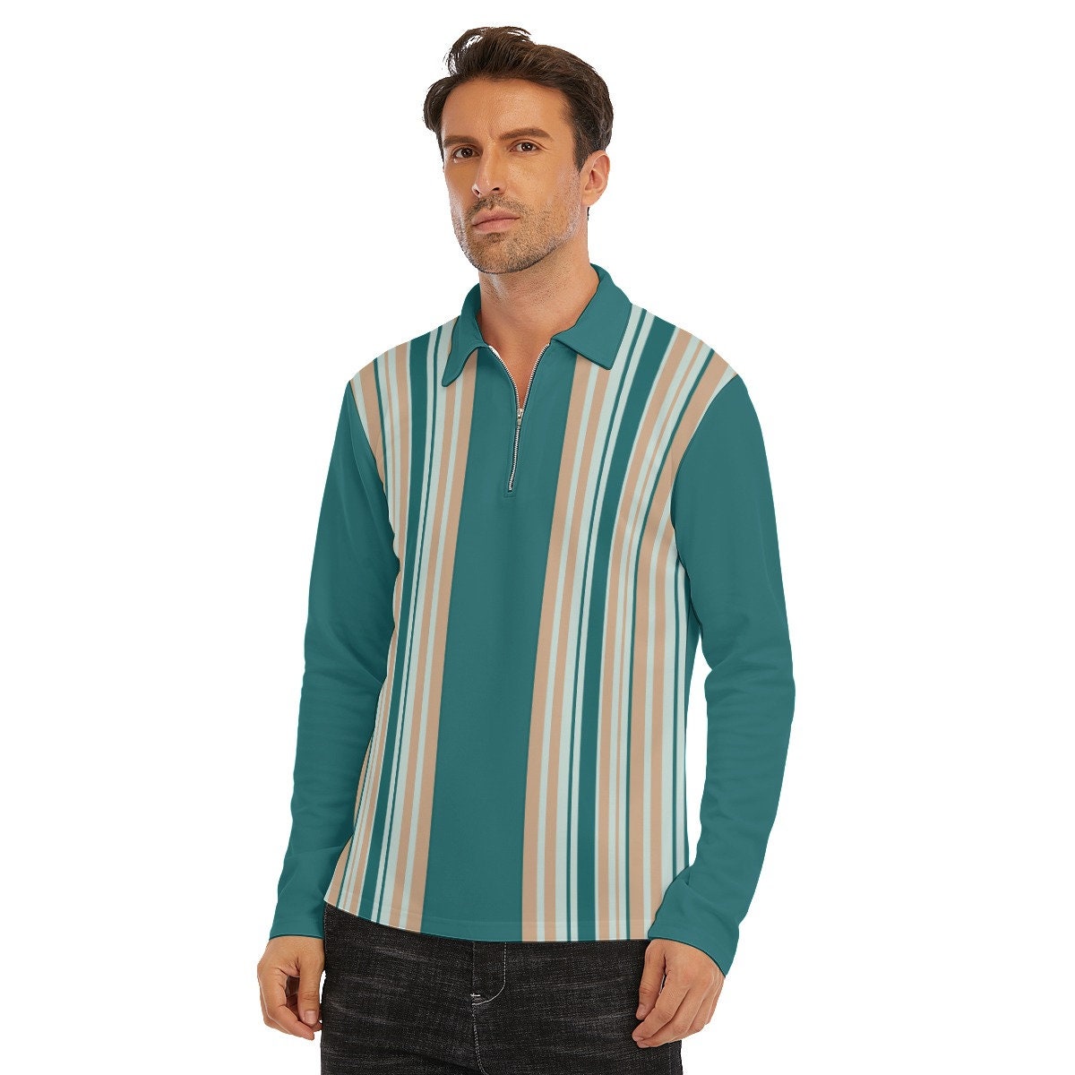 Retro Polo Shirt, Mint Green Polo Shirt, Stripe Polo Shirt Men, Vintage Style Shirt, Long Sleeve Polo Shirt, Polo Shirt Men,60s style polo