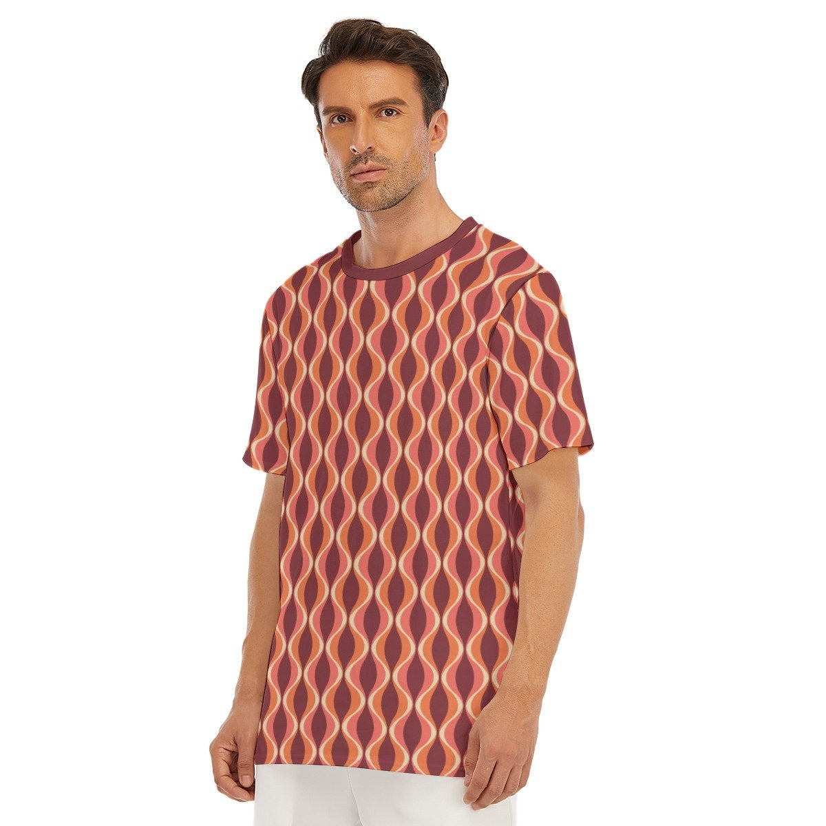 Retro T-Shirt Men, 100% Cotton T-shirt, 60s 70s Style Shirt, Vintage Style T-Shirt, Maroon Geometric T-shirt