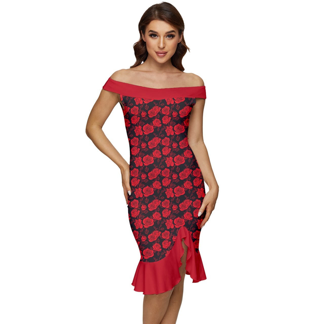 Pin up Dress, Red Sheath Dress, Retro 40s Dress Style, Women's sheath dress, Floral Dress, Sexy Dress, Off shoulder dress, Red Rose Dress