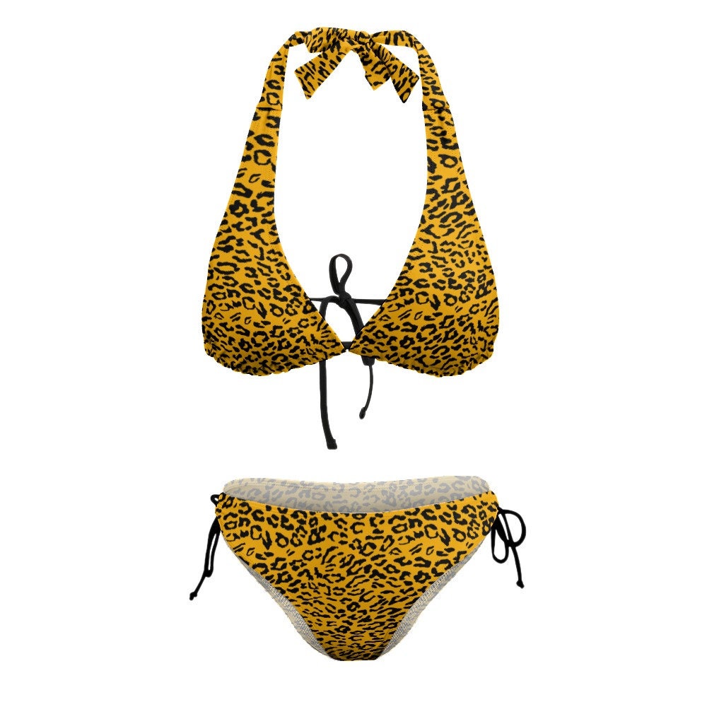 Leopard Print Bikini, Halter Bikini, Yellow Leopard Bikini, Two piece bikini set, Sexy Bikini, Yellow Halter bikini, , Leopard Swimsuit