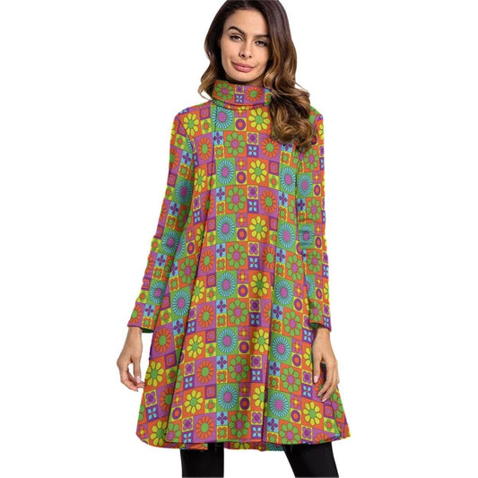 Mod Dress, 60s Style Dress, 70s style Dress, Mod floral dress, Vintage style Dress, Hippie Style dress, Tent Dress, Turtle Neck Dress