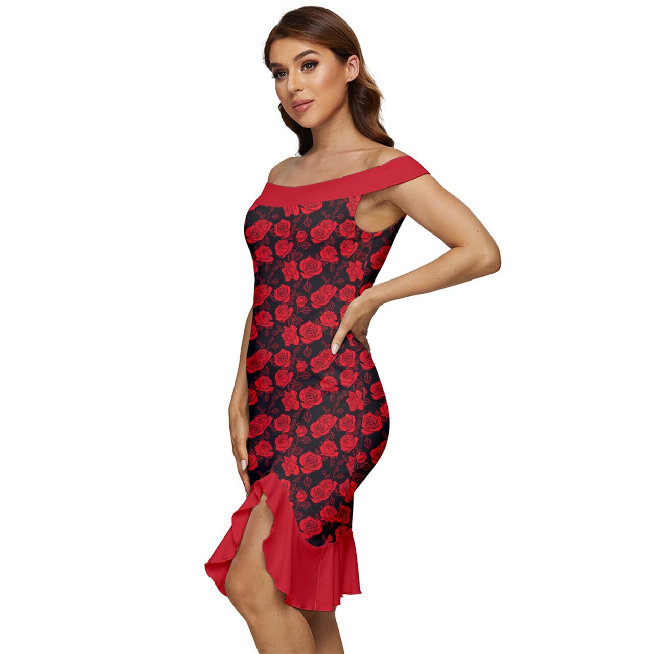Pin up Dress, Red Sheath Dress, Retro 40s Dress Style, Women's sheath dress, Floral Dress, Sexy Dress, Off shoulder dress, Red Rose Dress
