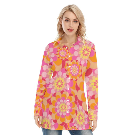Retro Shirt, Mod 60s style Shirt, Women's Vintage style blouse, Long Sleeve Shirt Women, Pink Orange Floral Shirt,Vintage inspired Top Women