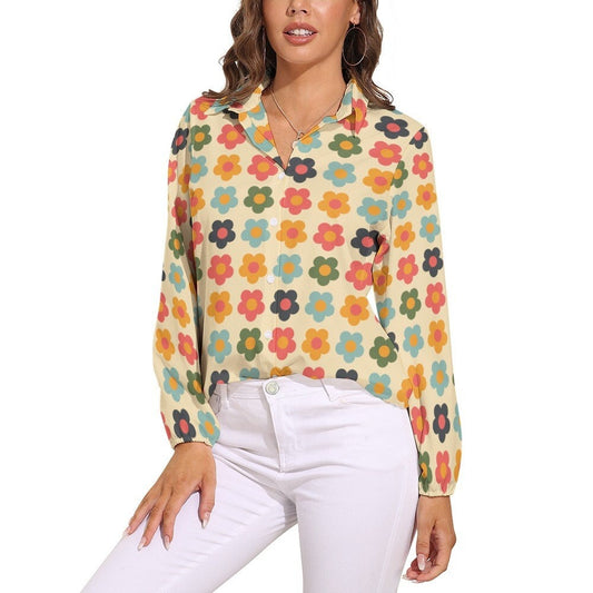 Mod Floral Shirt, 60s inspired blouse, mod 60s top, Women's Blouses, Women's Tops, Women's Tops Long Sleeve, Semi Sheer Women's Shirts