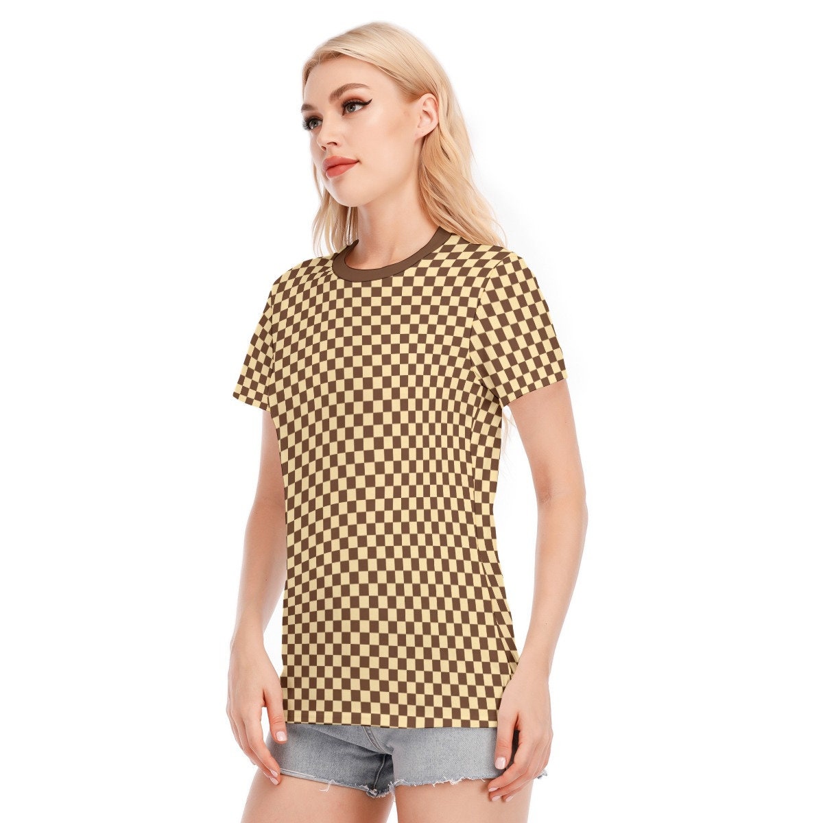 Brown Checker Tshirt, Retro Tshirt Women, 70s inspired top, 60s 70s style tshirt, Retro Top, Checker Top, Womens Tops, Retro Brown Shirt,