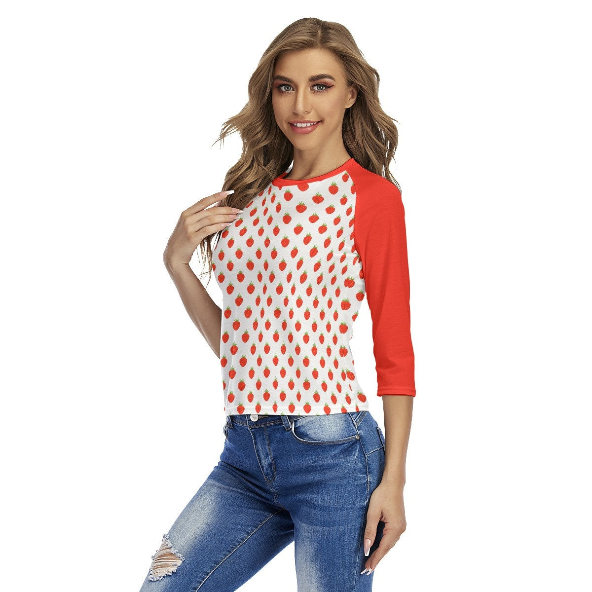 Strawberry Top, Retro Raglan Shirt, Raglan Tee, Strawberry Print Top, Red Raglan Shirt, 80s inspired Top, Raglan Shirt Women, Baseball Shirt