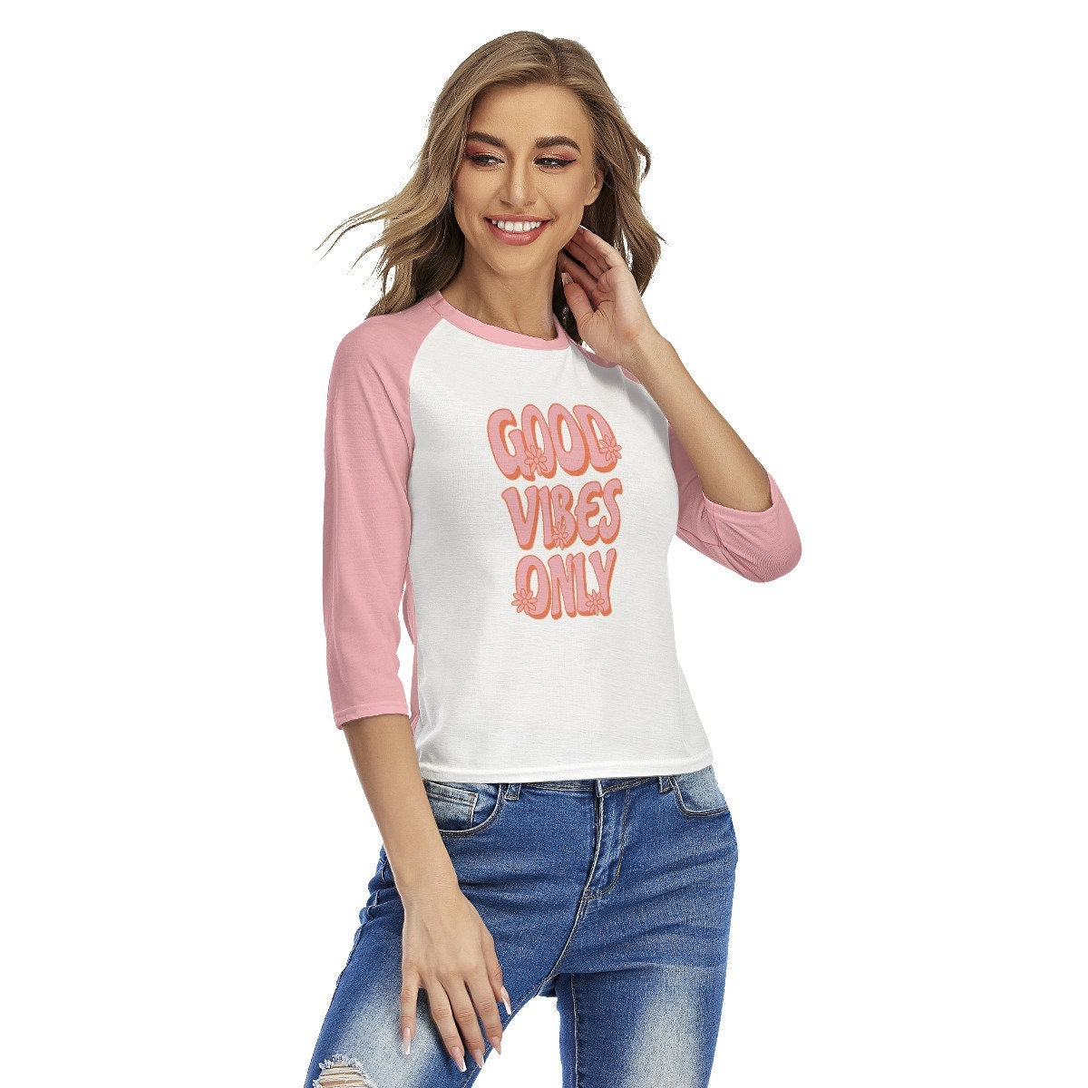 Retro Raglan Shirt, Raglan Tee, Pink Raglan Shirt, Retro Words Tshirt, Good Vibes Shirt,Retro Top Women, 70s style shirt, Raglan Shirt Women