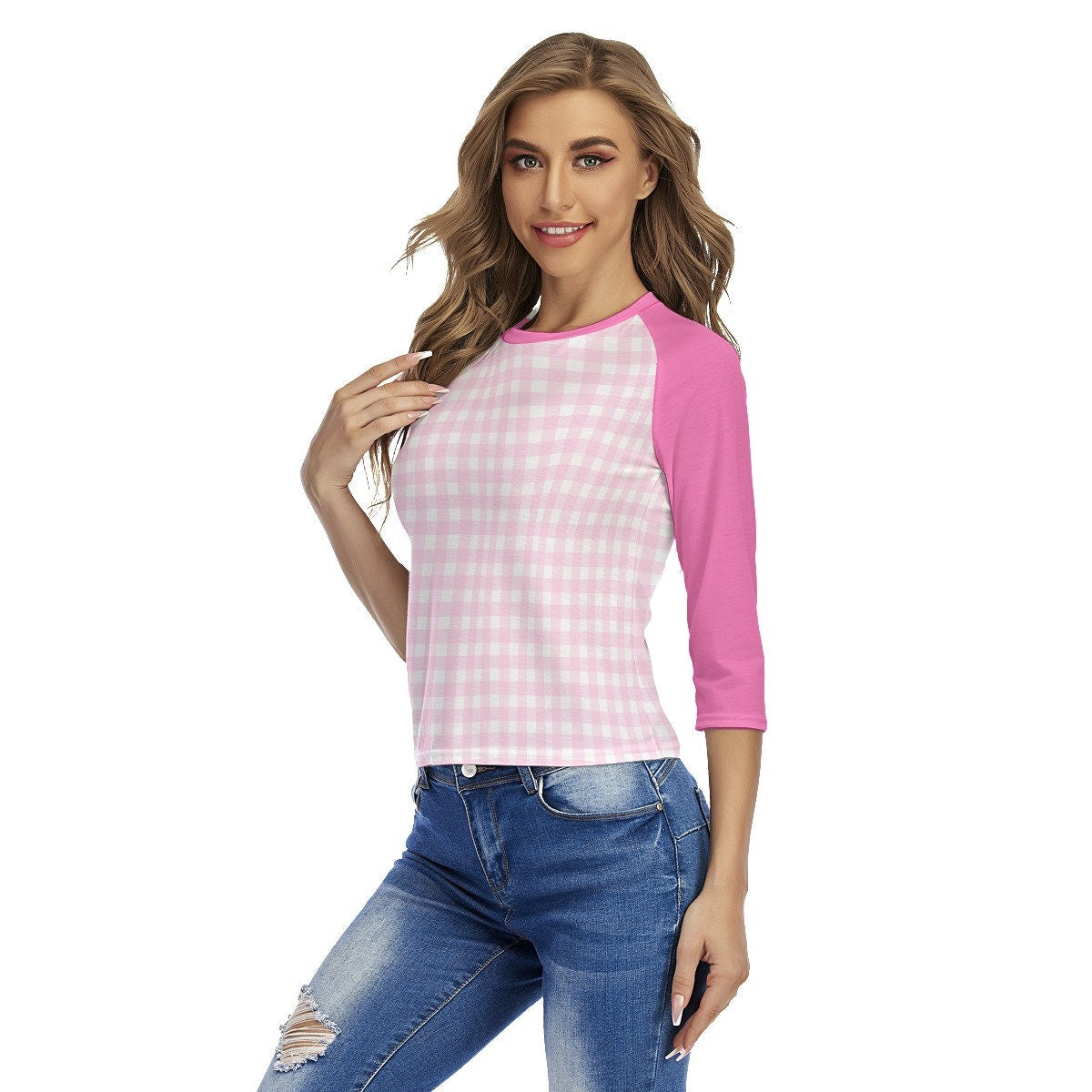 Pink Gingham Top, Pink Top Women, Retro Raglan Shirt, Raglan Tee, Raglan Shirt , Pink Raglan Shirt Women, Barbie inspired Tshirt