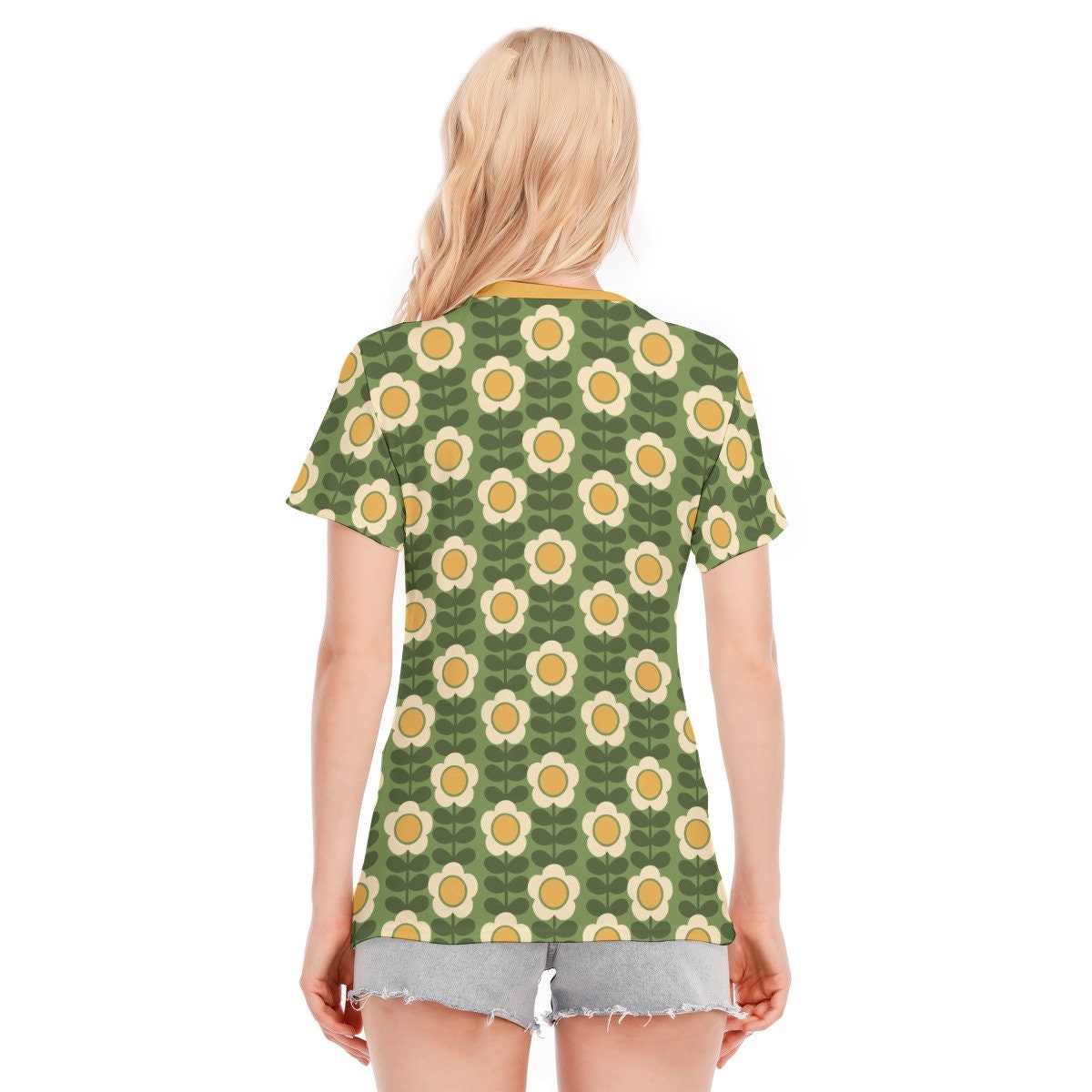 Mod Top, 60s style top, Retro Tshirt Women, Retro Top, Checker Top, Womens Tops, Green Yellow Floral Top, Floral Tshirt, Mod Top, Green Top