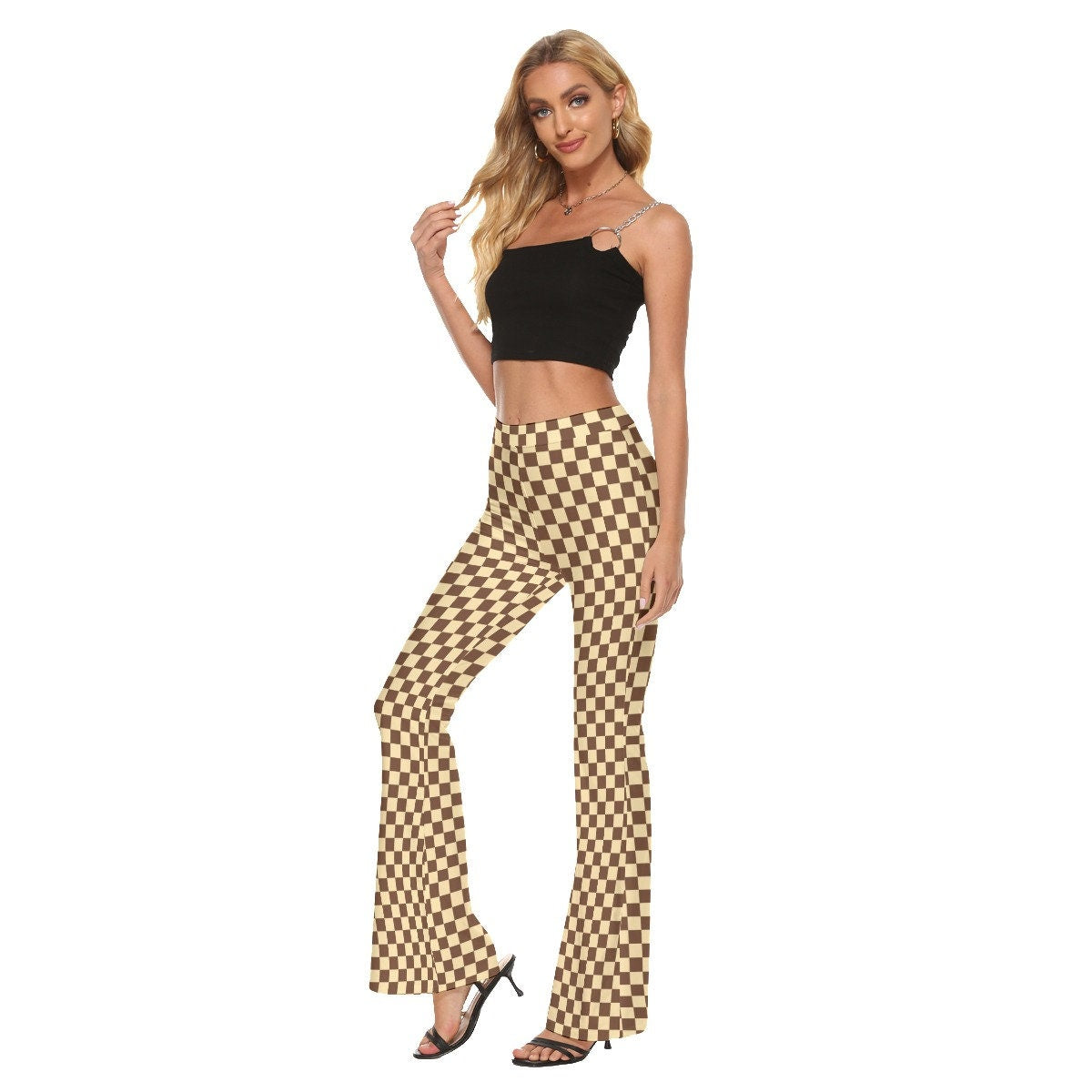 Flare Pants, Checker Pants, Brown Checker Pants, Women's Flare Pants, Retro Flare Pants, Retro checker flare pants, Wide leg pants Women