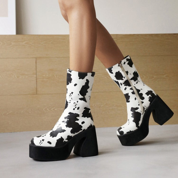 70s-Inspired Animal Print Platform Boots | Retro Chunky Heel Cow & Zebra Print Ankle Boots