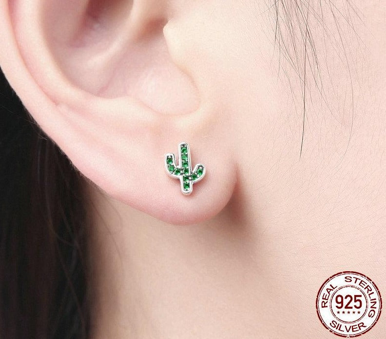 925 Sterling Silver Green Cactus Stud Earrings, Green Crystal Stud Earrings, Plant Earrings
