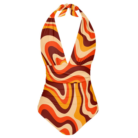 Retro Swimsuit, Groovy 70s inspired Swimsuit, Orange Stripe Halter Swimsuit, Vintage Style Swimsuit