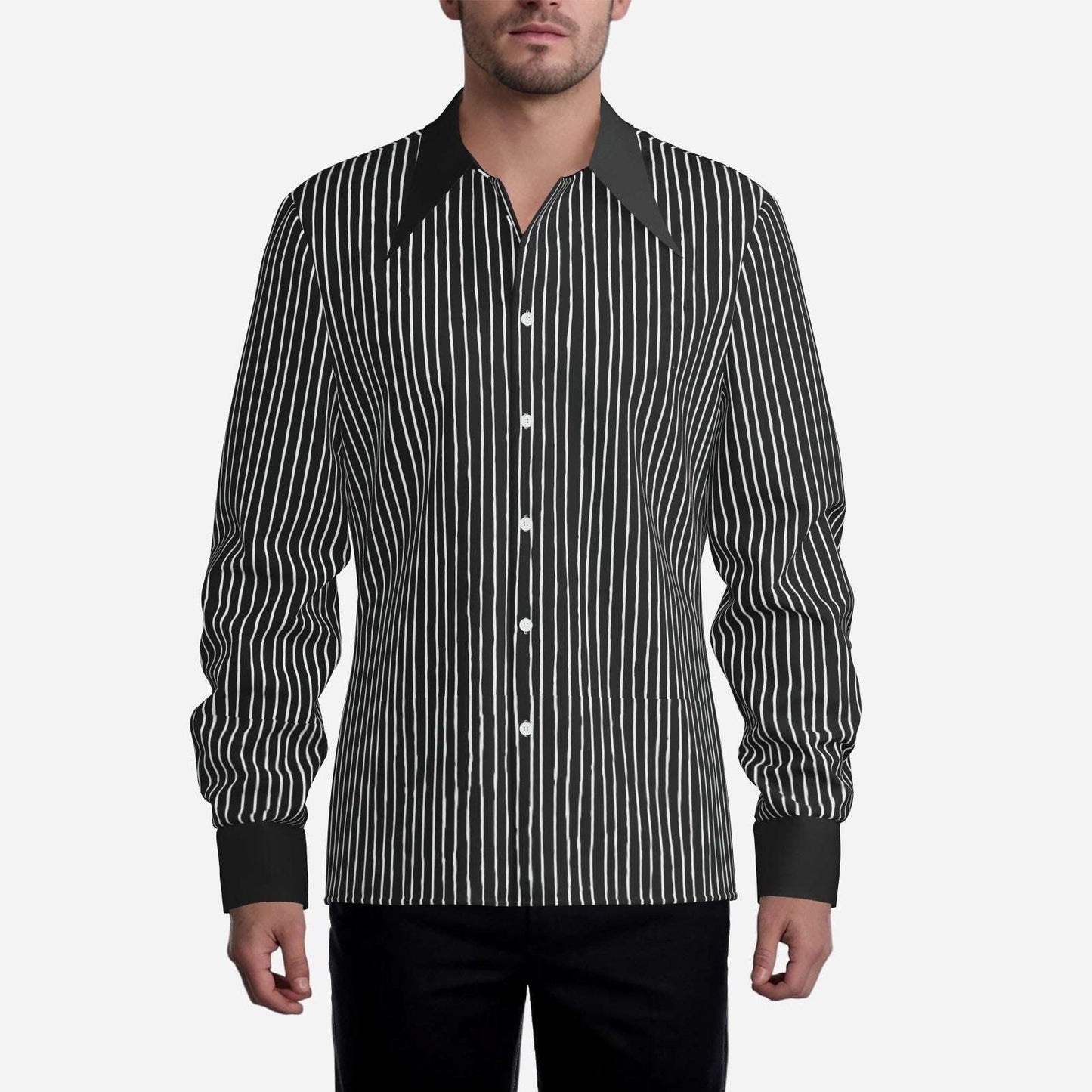 Men’s 70s Style Shirt | Black Pinstripe Shirt | Wing Collar Shirt | Black Disco Shirt