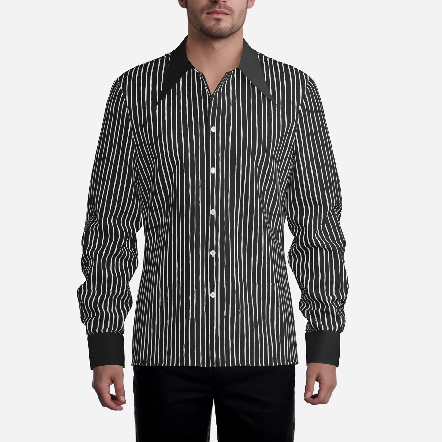 Men’s 70s Style Shirt | Black Pinstripe Shirt | Wing Collar Shirt | Black Disco Shirt