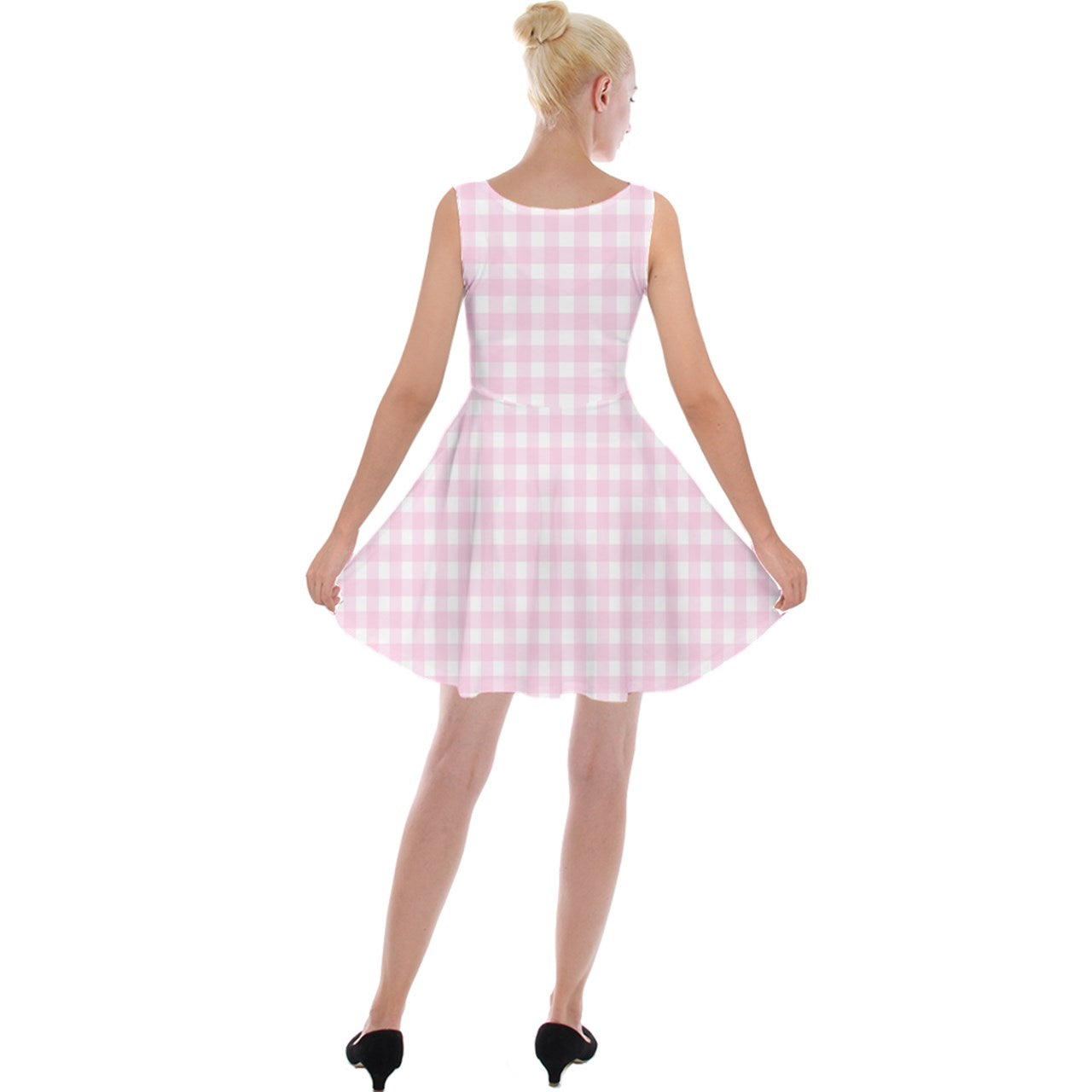 50s-Inspired Velvet Pink Gingham Skater Dress | Retro Dress | Fit and Flare Pink Mini Dress