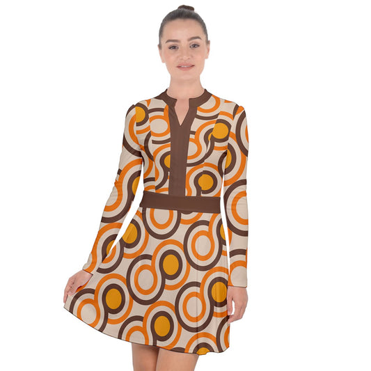 Mod 60s 70s Style Mini Dress | Brown Orange Geometric Opt Art Go Go Dress