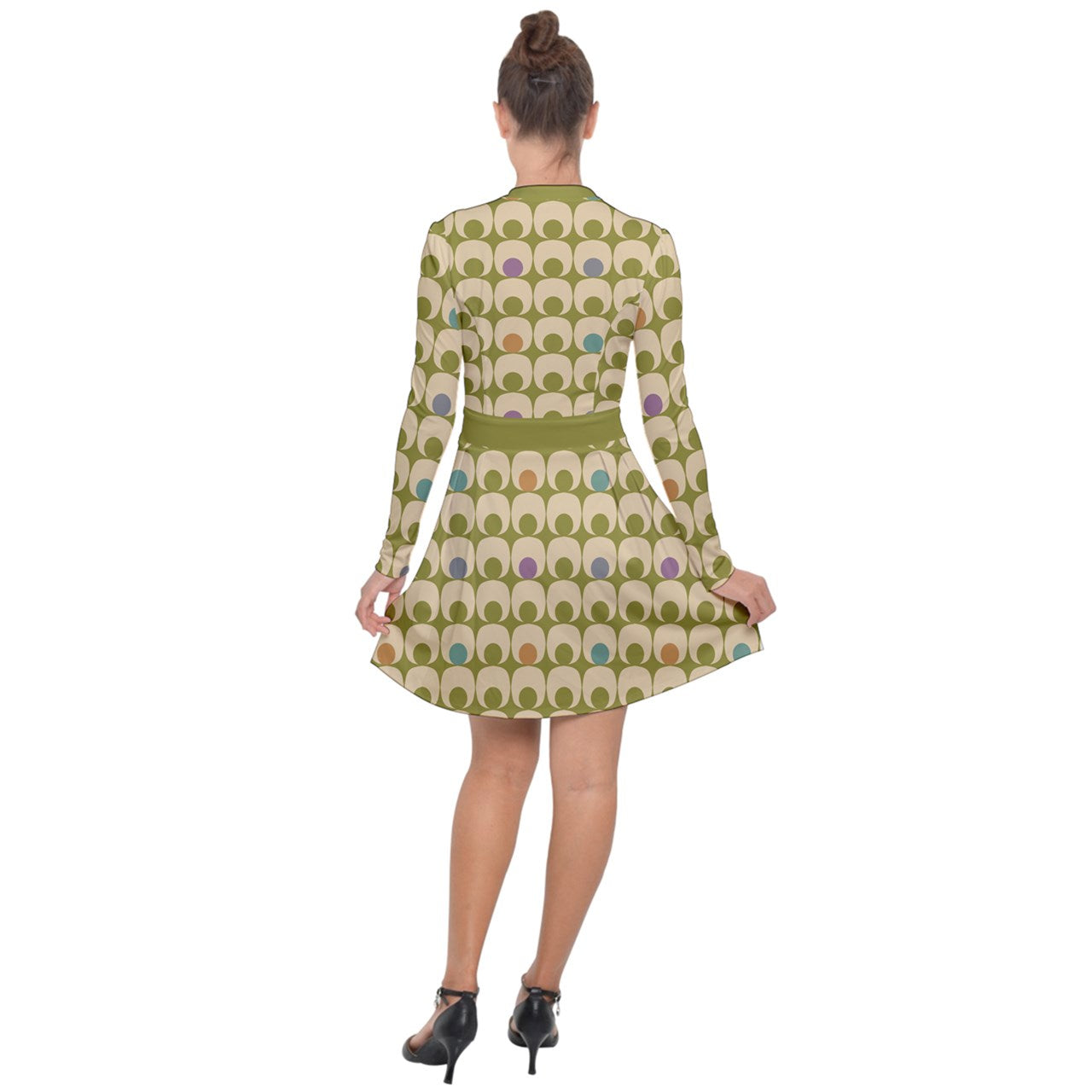 60s Mod Mini Dress | Vintage Olive Green A-Line Dress | Retro Geometric Print Go-Go Dress