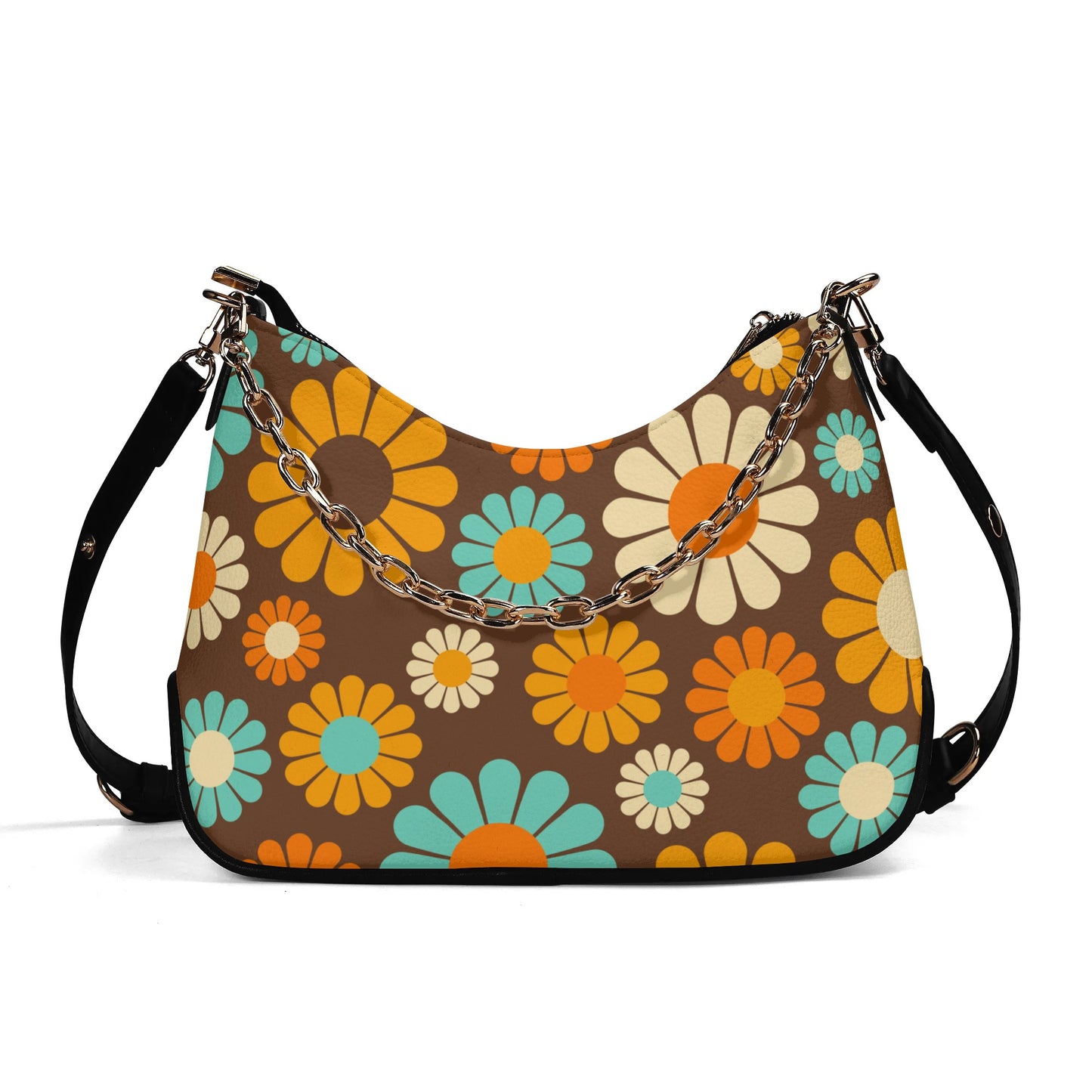 Vintage Handbag Style, Mod bag, PU leather Bag, Retro handbag, Brown Floral Handbag, 60s 70s Floral Purse, 70s inspired Cross body Boho Bag