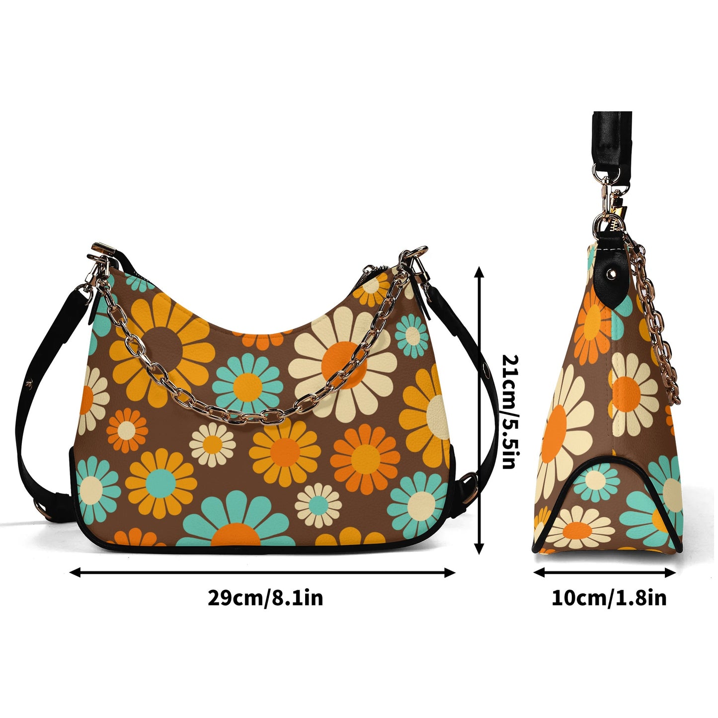Vintage Handbag Style, Mod bag, PU leather Bag, Retro handbag, Brown Floral Handbag, 60s 70s Floral Purse, 70s inspired Cross body Boho Bag