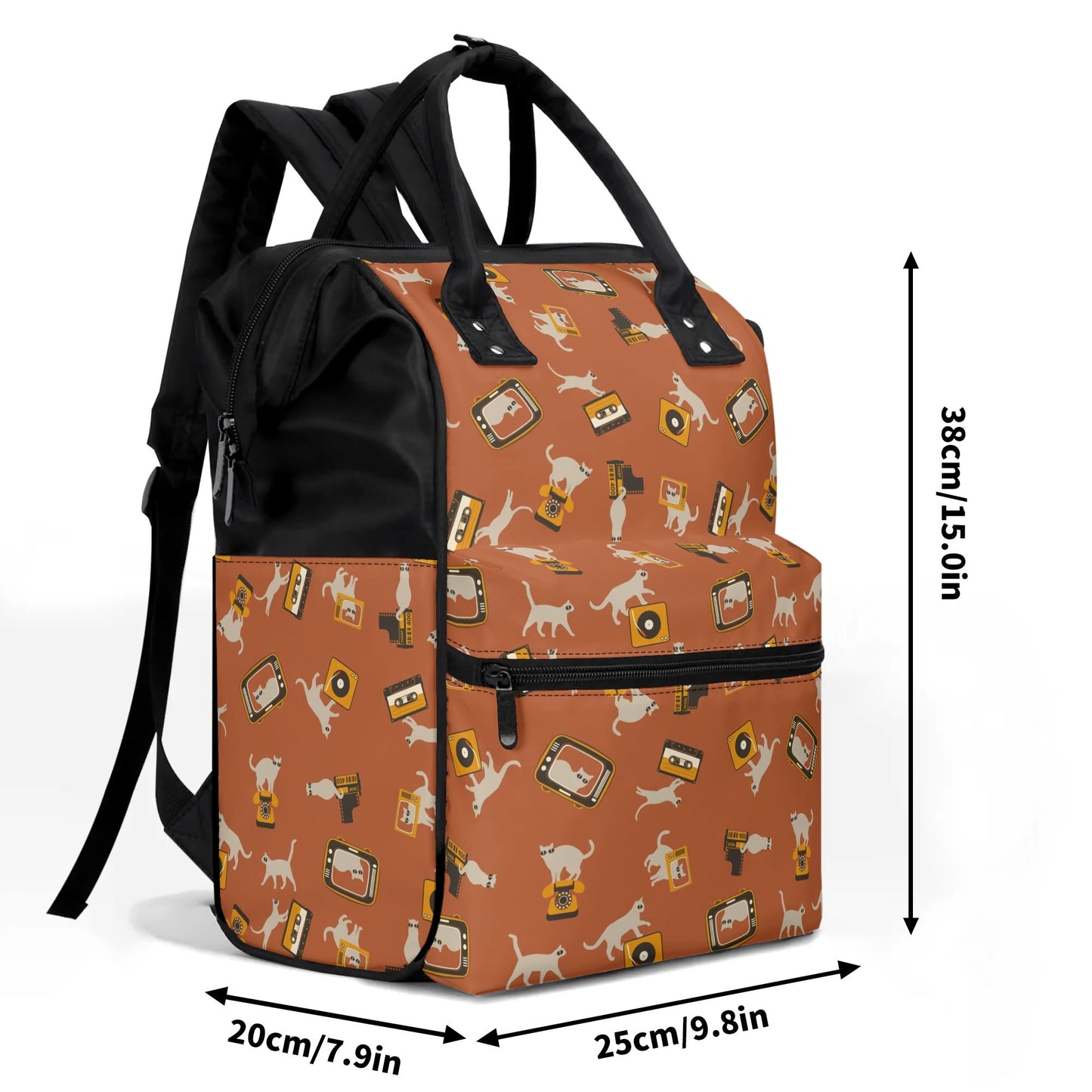 Retro Cat Backpack, Vintage inspired Orange Cat Bag, Cat Print Bag, Vintage inspired bag, Unique Diaper Bag